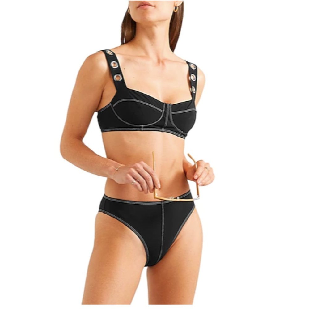 Black Contrast-Stitch High-Rise Bikini Set